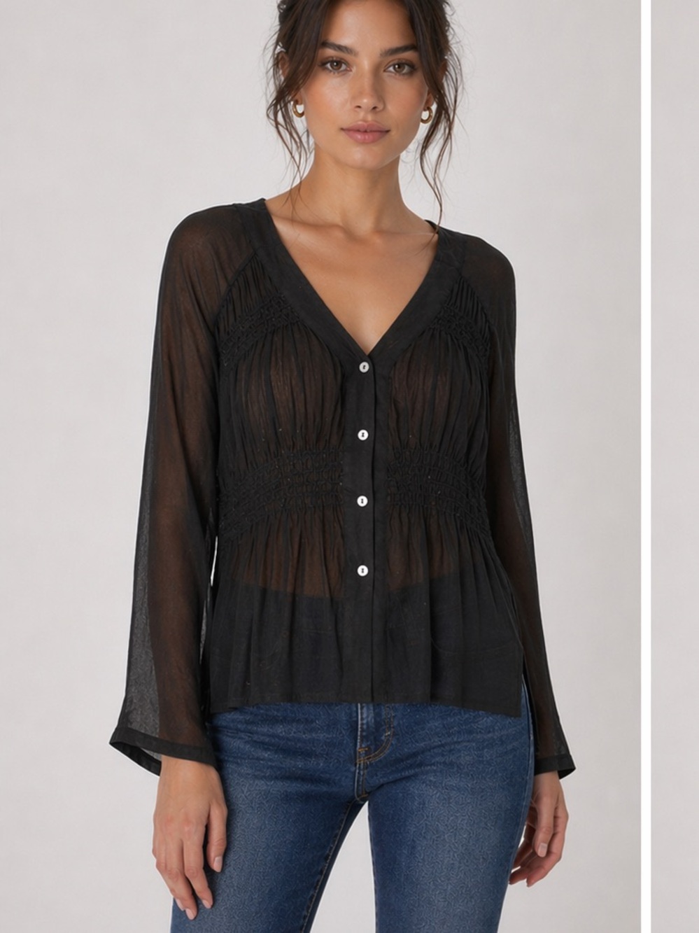 Odd Molly Black silk sheer vneck button up blouse boho festival fairy whimsigoth